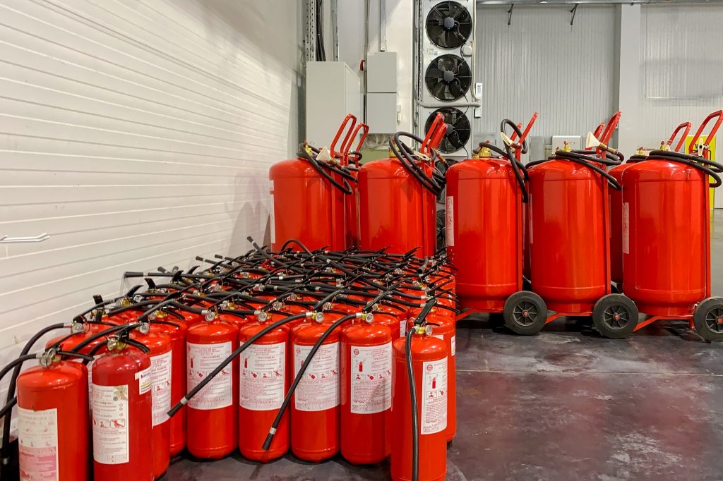 A lot of fire extinguishers. Protection and security in case of fire.